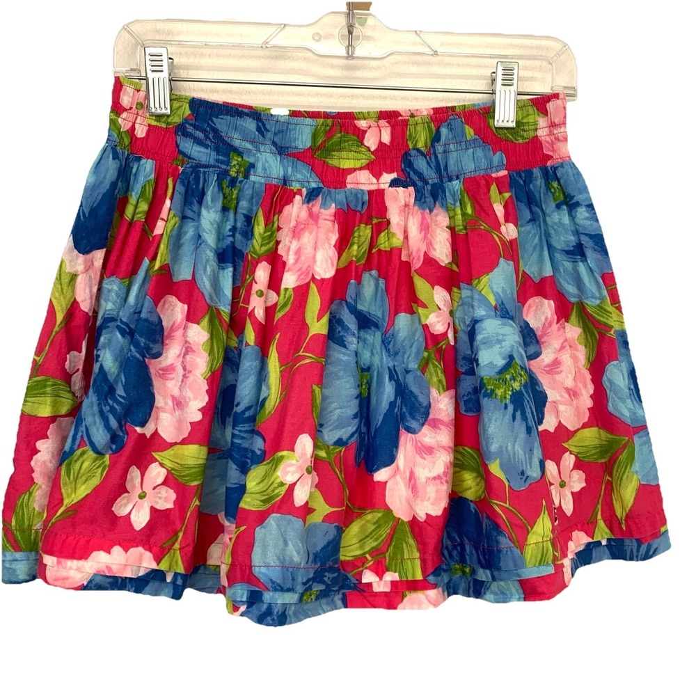 Hollister Pink Blue Floral Full Mini Skirt Pull On 100% Cotton Lined Medium Y2K